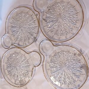 Vintage Jeanette Glass Snack Plates with Gold Trim, Feathers pattern, set of 4